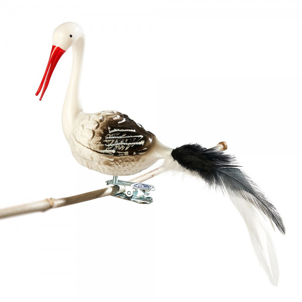 Storch, gedrehter Kopf, offener Schnabel, Feder